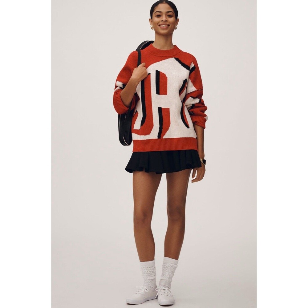 Anthropologie Maeve Sweater Oversize Red Graphic Monogram Comfy Boho Sz XSP NWT